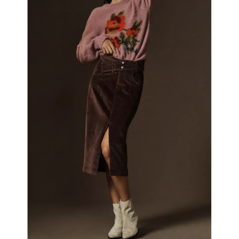 Pilcro x Anthropologie Double Waist Corduroy Midi Skirt In Brown Size 4